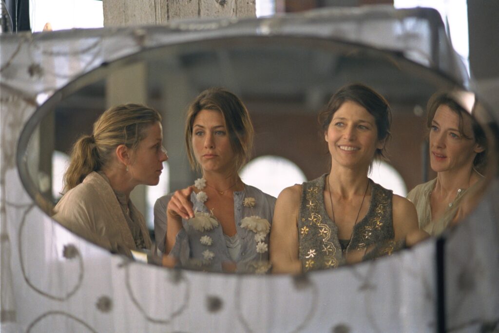 四个女人站在一面圆镜子前聊天