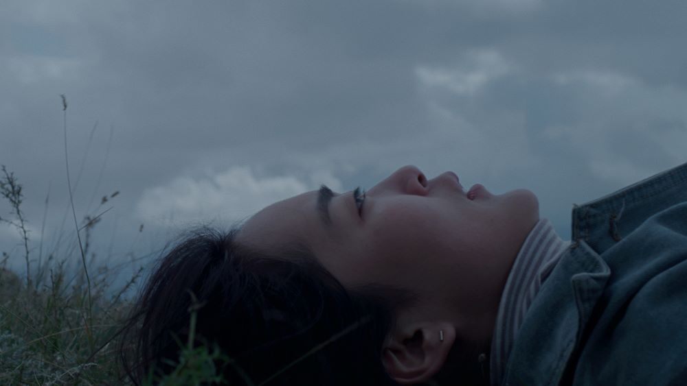 侧面的年轻亚裔女子躺在草在多云的天空下