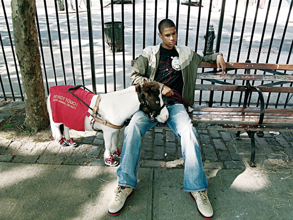一名男子坐在城市长凳上，带着一匹迷你马，穿着运动鞋，打着“不要在执勤时触摸服务动物”的横幅，站在他旁边。