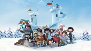 动画中的人物照片:13个孩子裹着冬装，大多数人看起来非常兴奋，一只大口喘气的狗在一个由雪建成的堡垒和一排被雪覆盖的树前，所有这些都在白色的风景上
